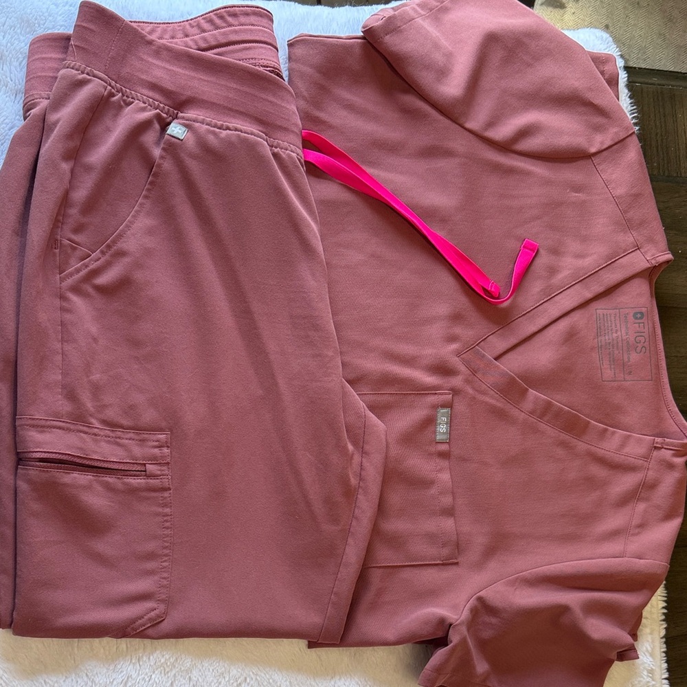 Figs Rose Blush Scrub Top and Pants with Hot Pink Drawstring